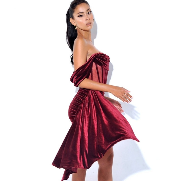 Burgundy Velvet Off Shoulder Corset Dress - Picture 10 of 10